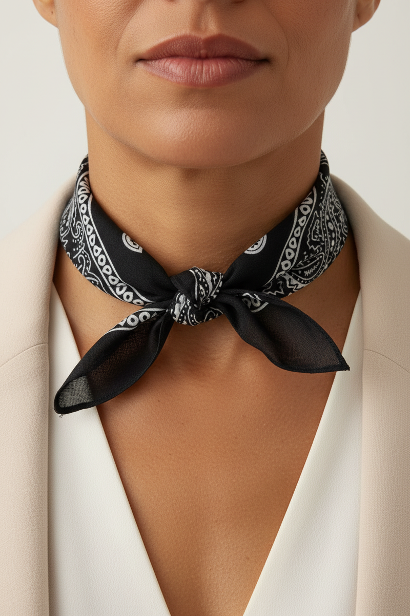 Bandana preta paisley no pescoço - modelo elegante