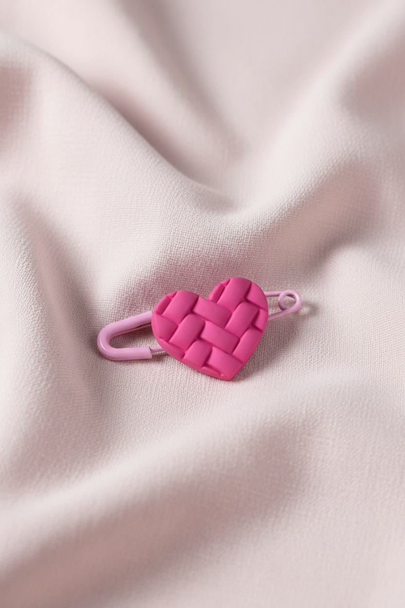 Broche coração rosa trançado sobre tecido fluido
