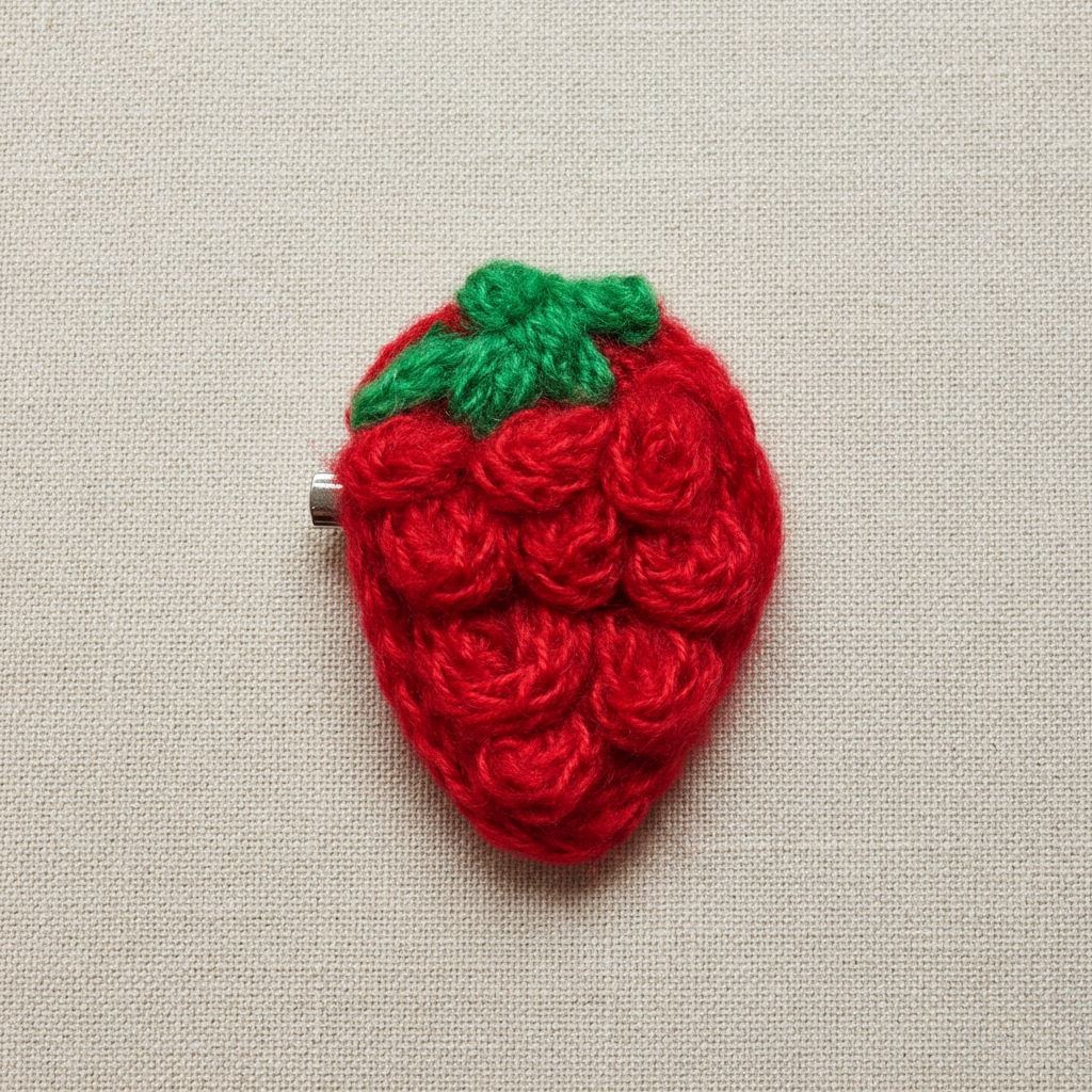 Broche morango de crochê sobre tecido elegante