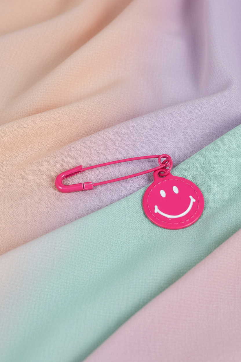Broche smiley rosa sobre fundo colorido suave