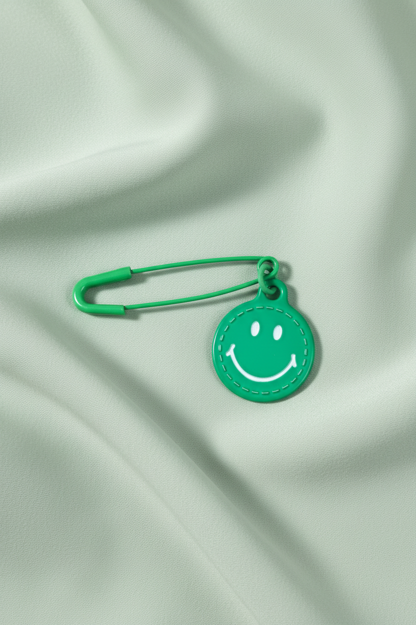 Broche smiley verde sobre tecido fluido