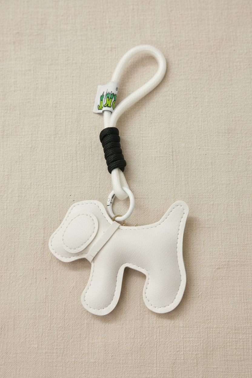 Chaveiro cachorro branco sobre linho — v2