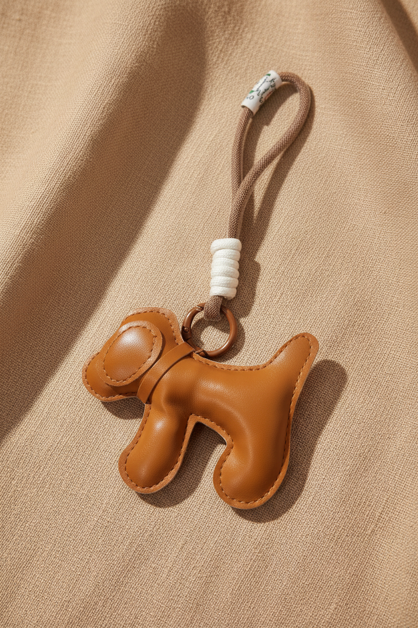 Chaveiro cachorro caramelo sobre linho