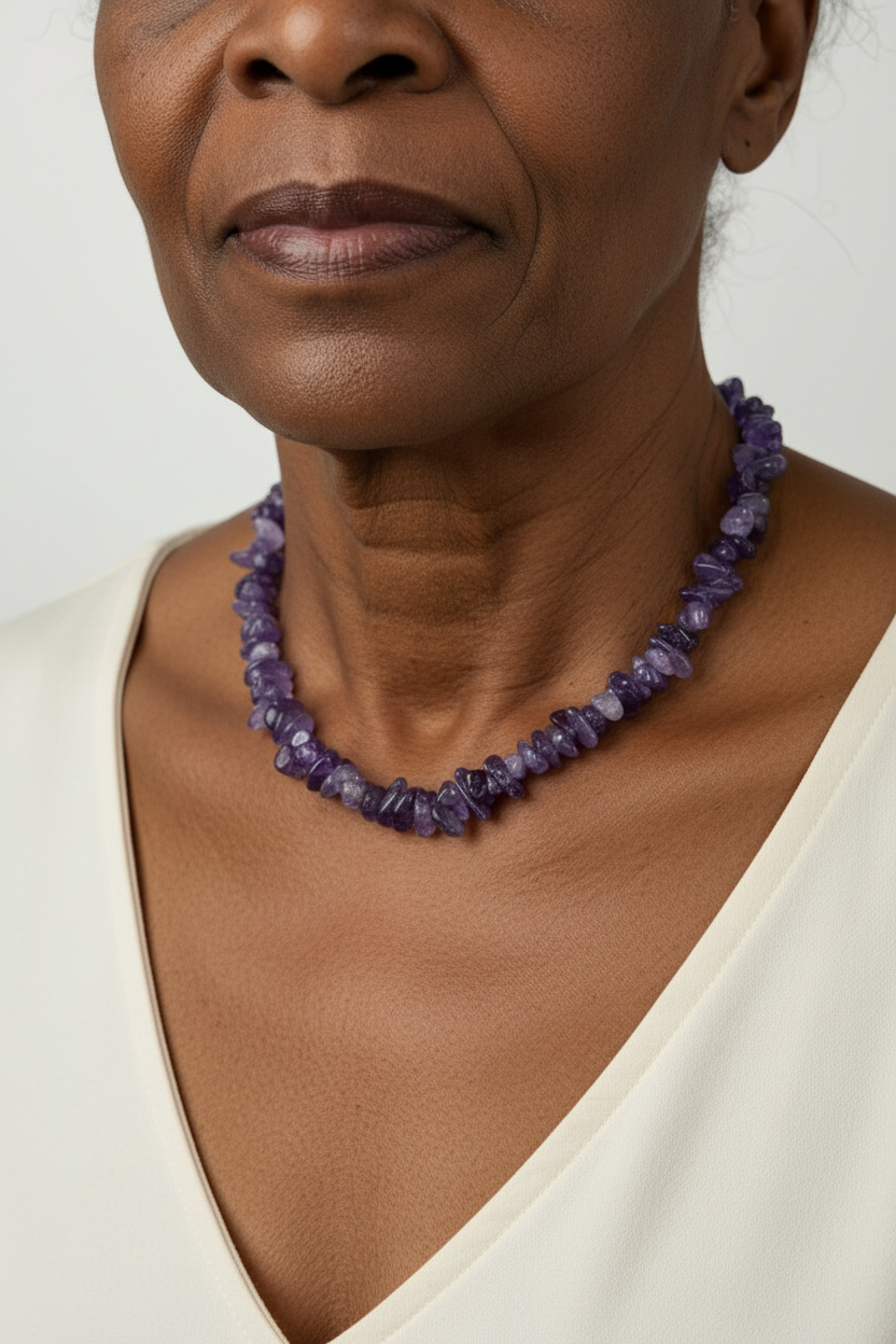 Colar ametista roxo — modelo negra idosa