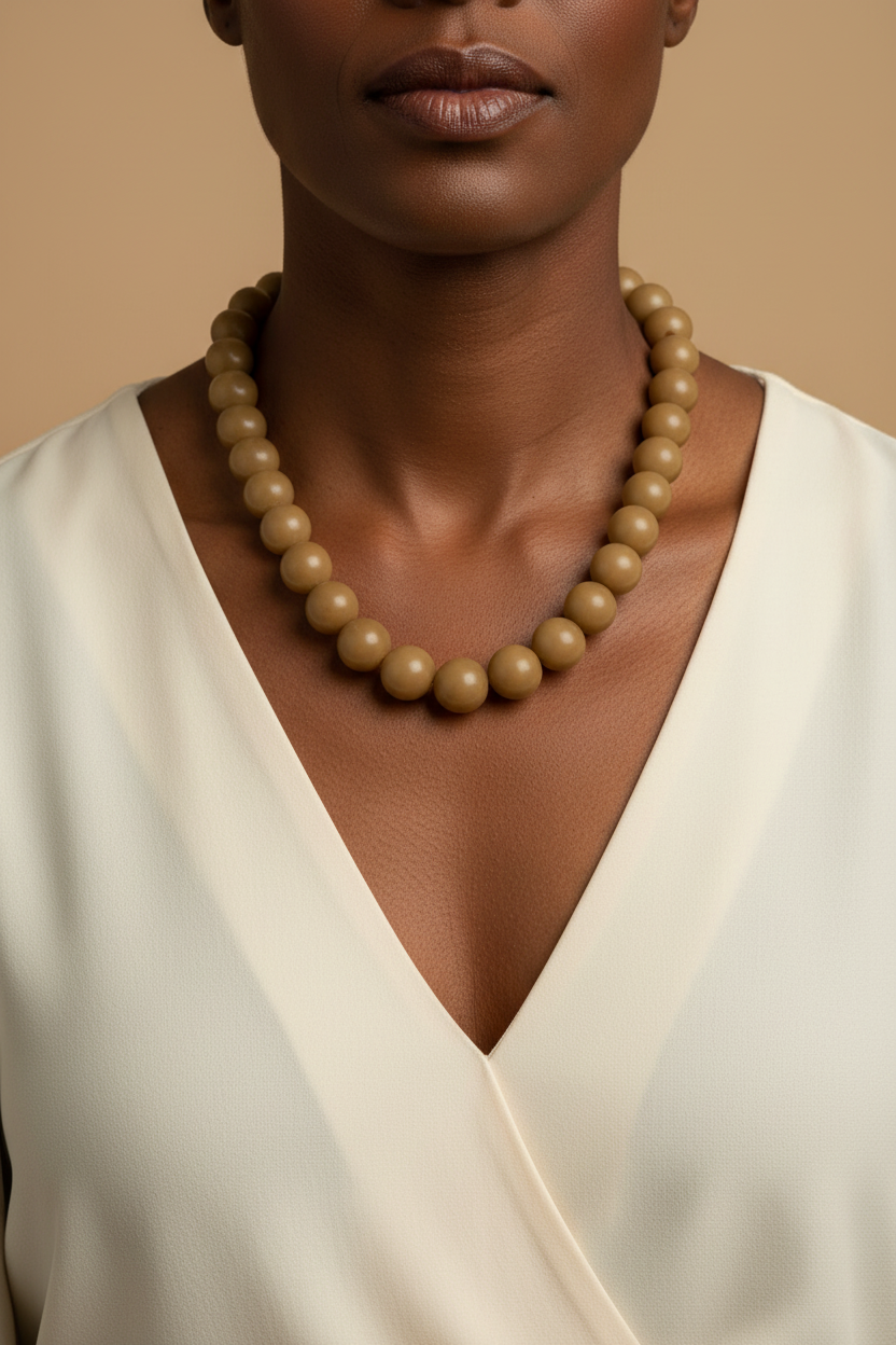 Colar de contas taupe em modelo negra — enquadramento pescoço ao colo