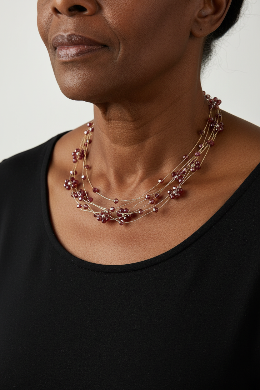 Colar fios flutuantes bordô — modelo negra idosa