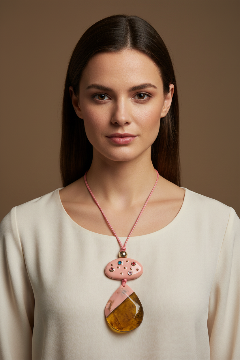 Colar Rosa e Âmbar em Modelo de Frente