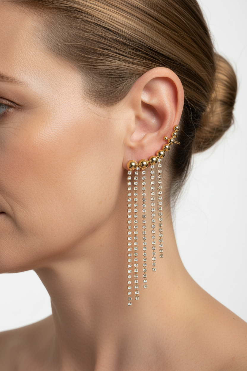 Ear cuff dourado com strass — modelo pele clara