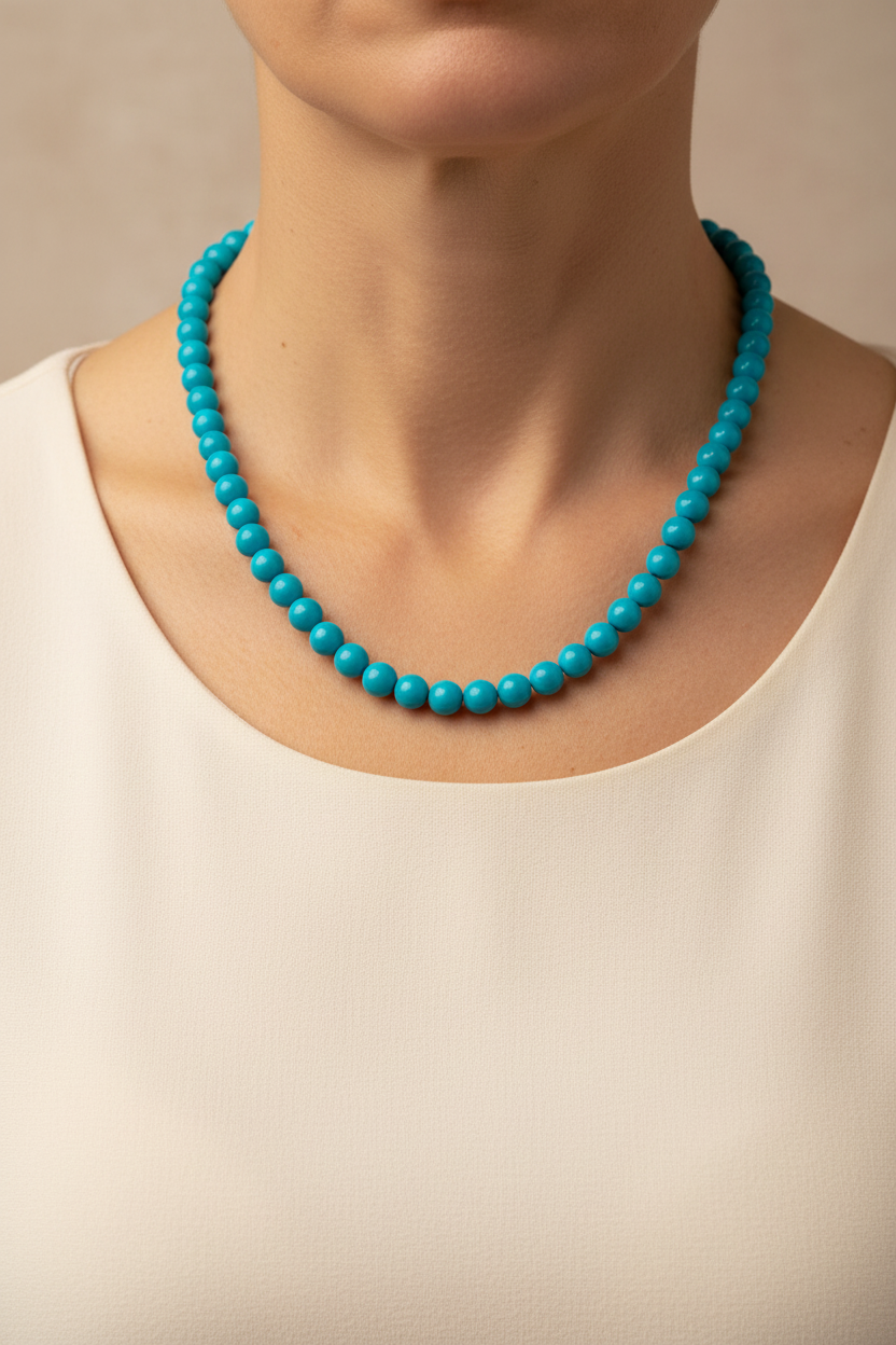 Fotografia hiper-realista joalheria pescoço com colar turquesa