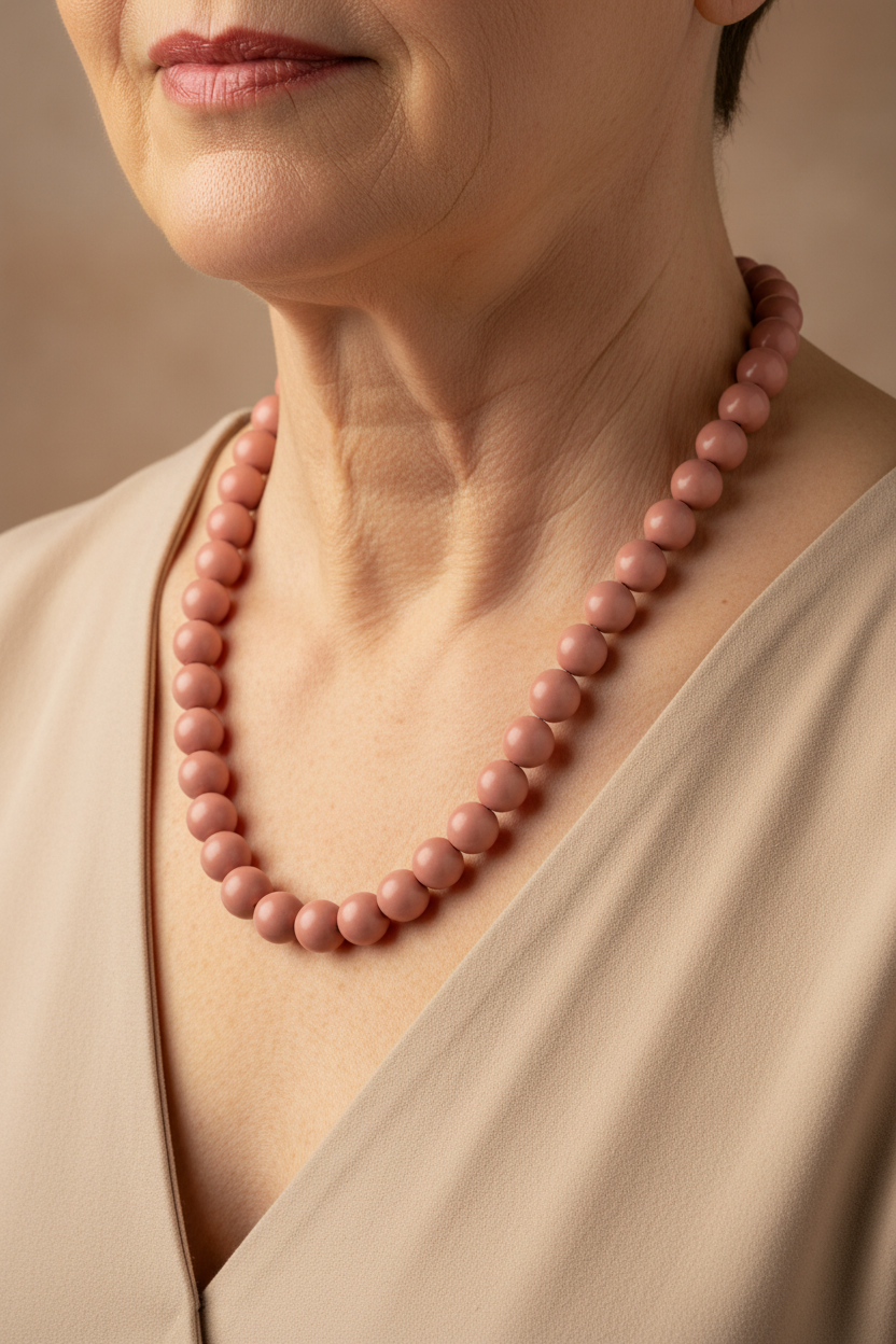Fotografia hiper-realista joalheria pescoço modelo madura com colar rosa coral
