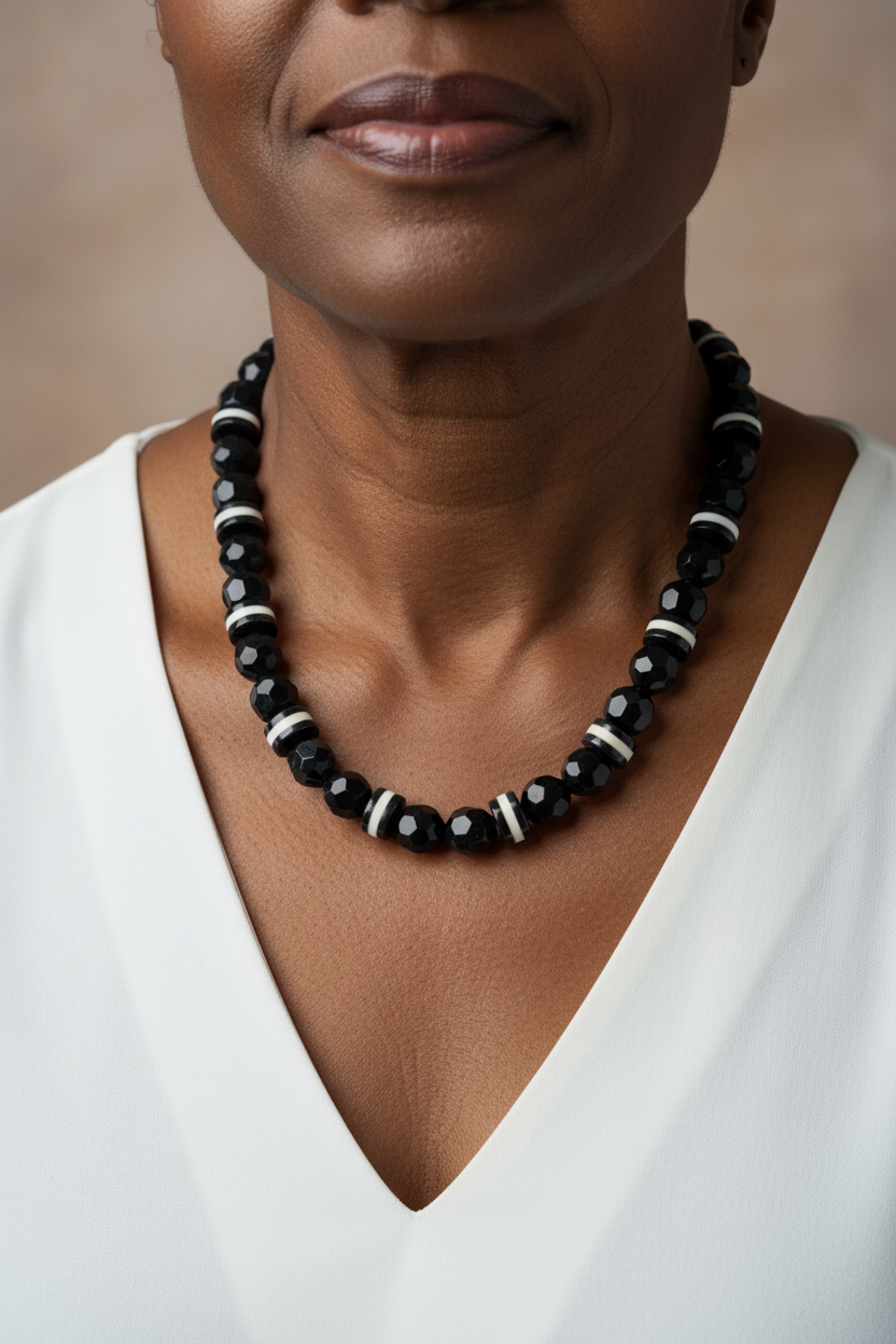 Fotografia hiper-realista joalheria pescoço modelo negra madura com colar preto e branco