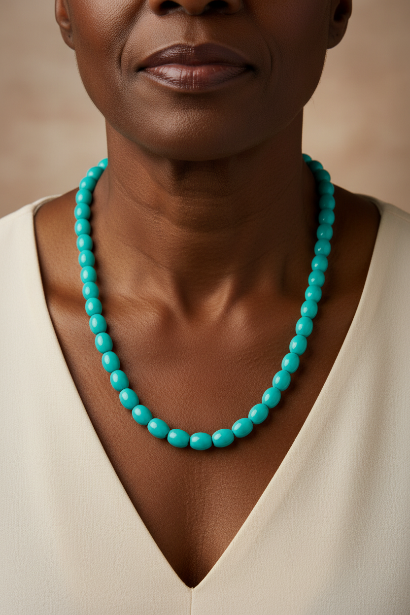 Fotografia hiper-realista joalheria pescoço modelo negra madura com colar turquesa oval