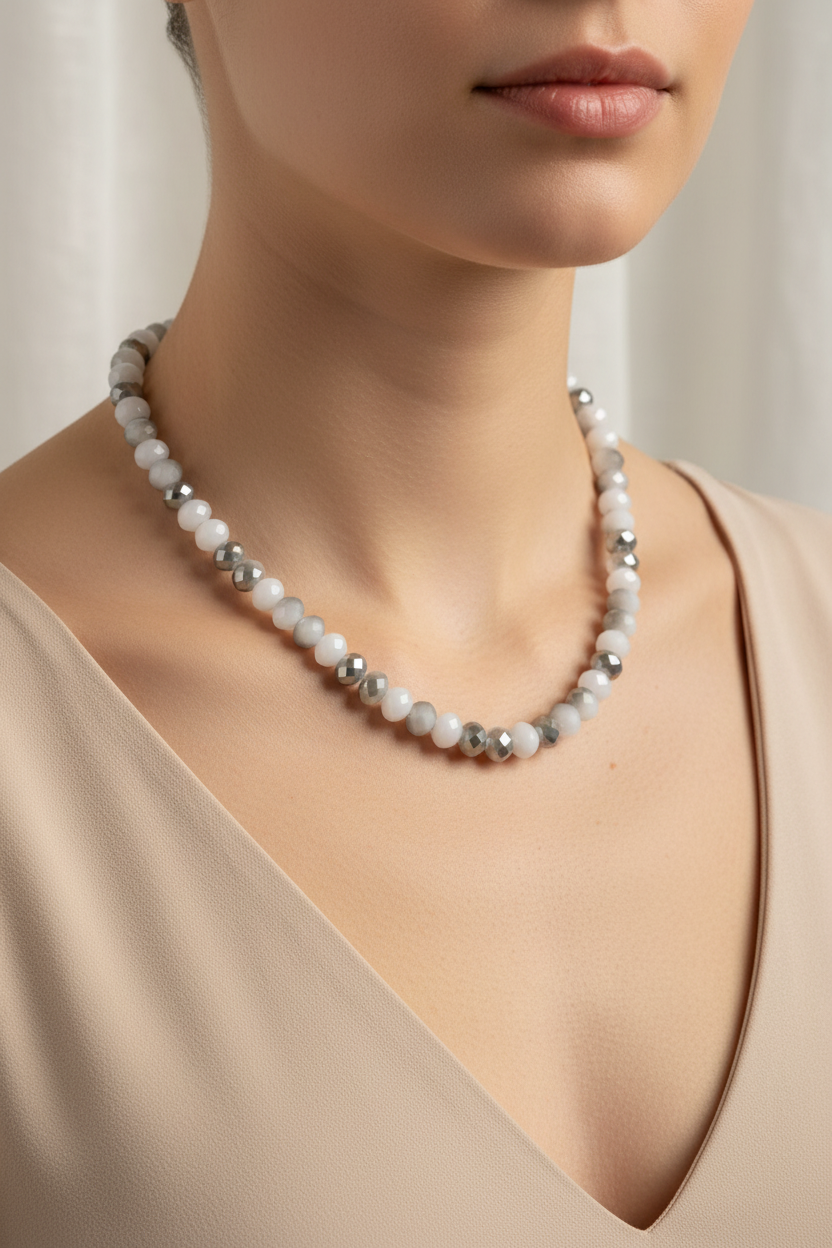 Fotografia joalheria pescoço e colo com colar branco e grafite