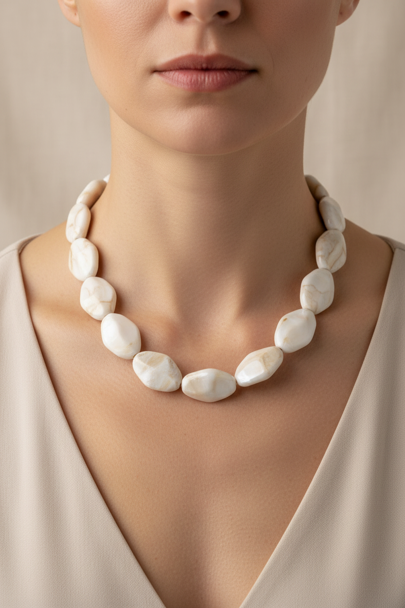 Fotografia joalheria pescoço e colo com colar pedras ovais brancas e bege peroladas