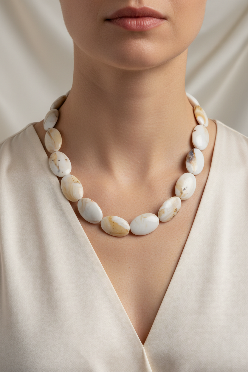 Fotografia joalheria pescoço e colo com colar pedras ovais brancas e bege