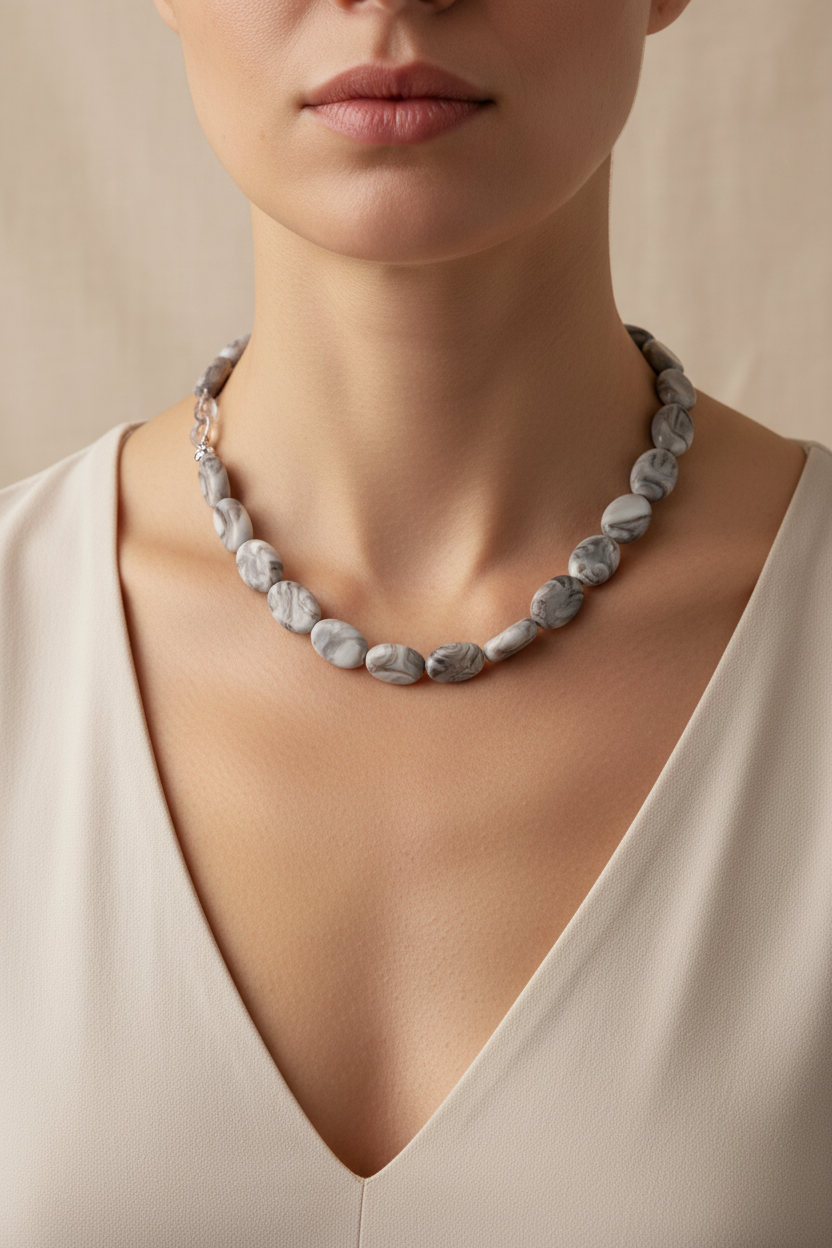 Fotografia joalheria pescoço e colo com colar pedras ovais cinza e branco