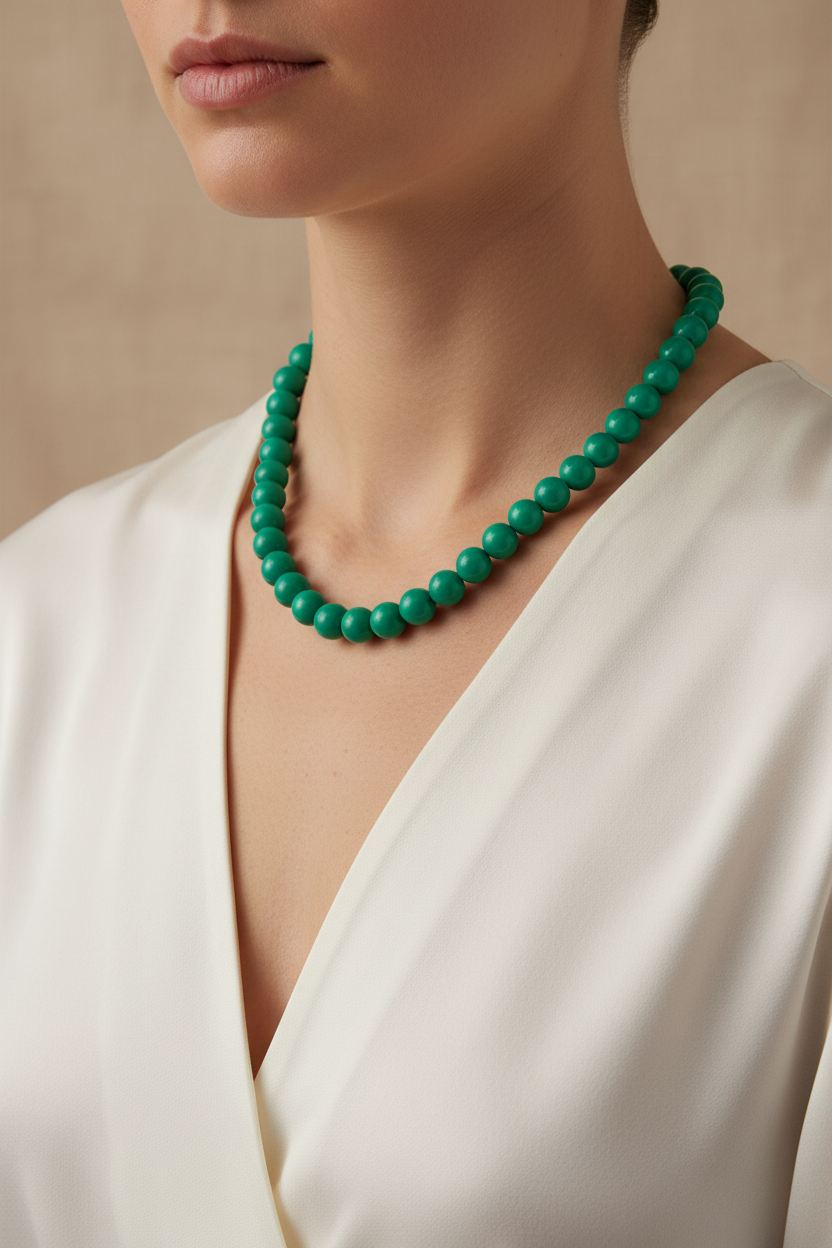 Fotografia joalheria pescoço e colo com colar verde esmeralda