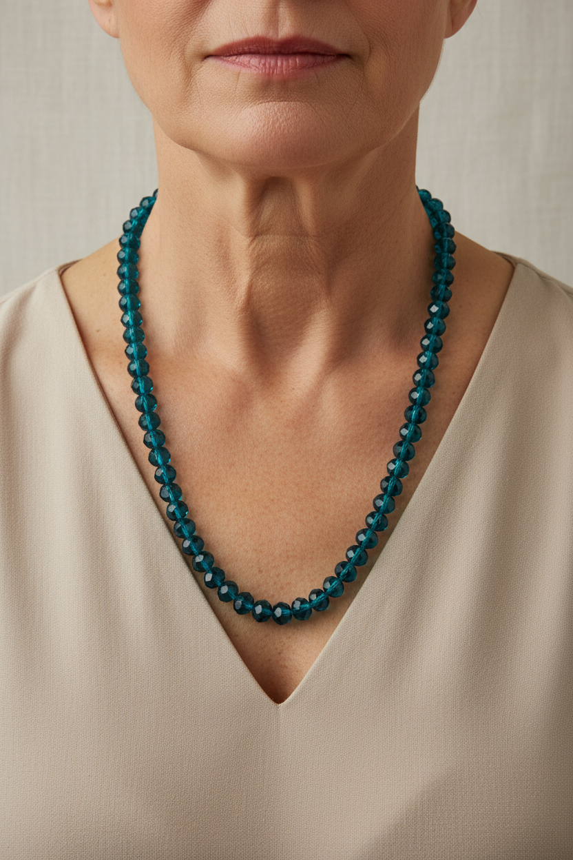 Fotografia joalheria pescoço modelo madura com colar azul petróleo longo