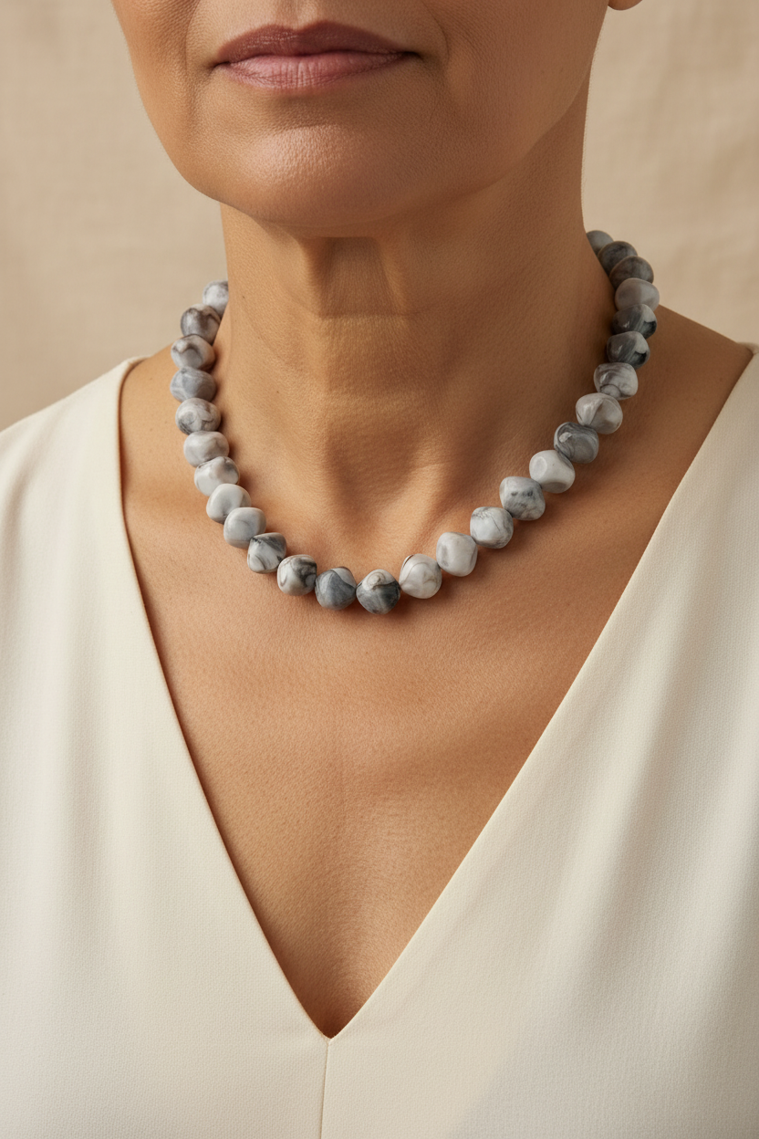 Fotografia joalheria pescoço modelo madura tom médio com colar cinza marmorizado