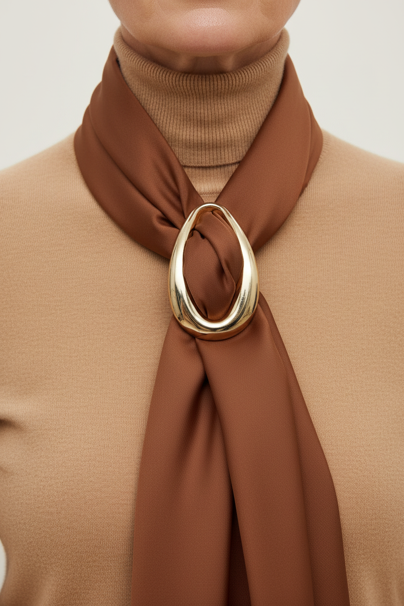 Lenço cognac com passante oval dourado — modelo 45-55 anos