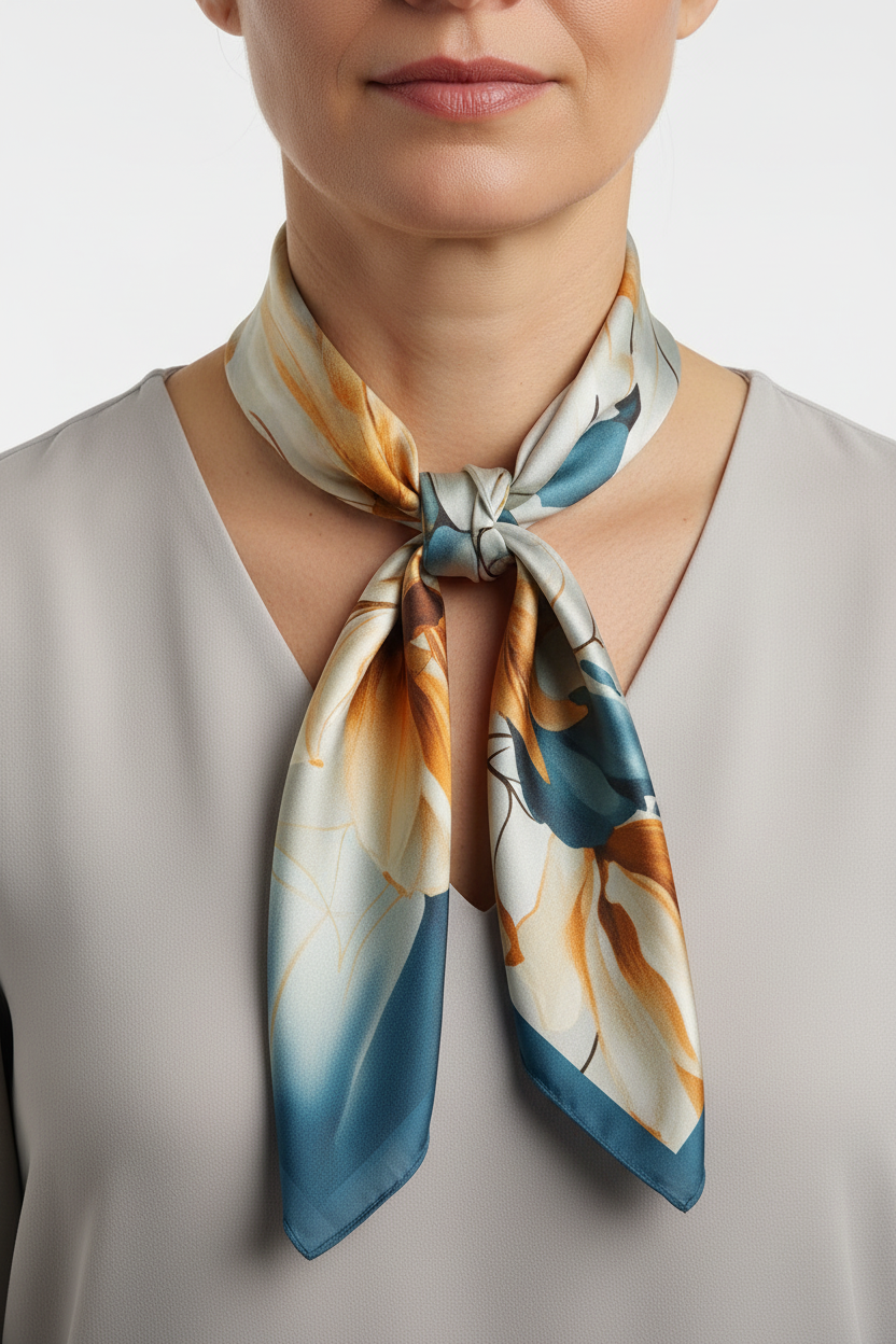 Lenço seda floral azul e laranja no pescoço
