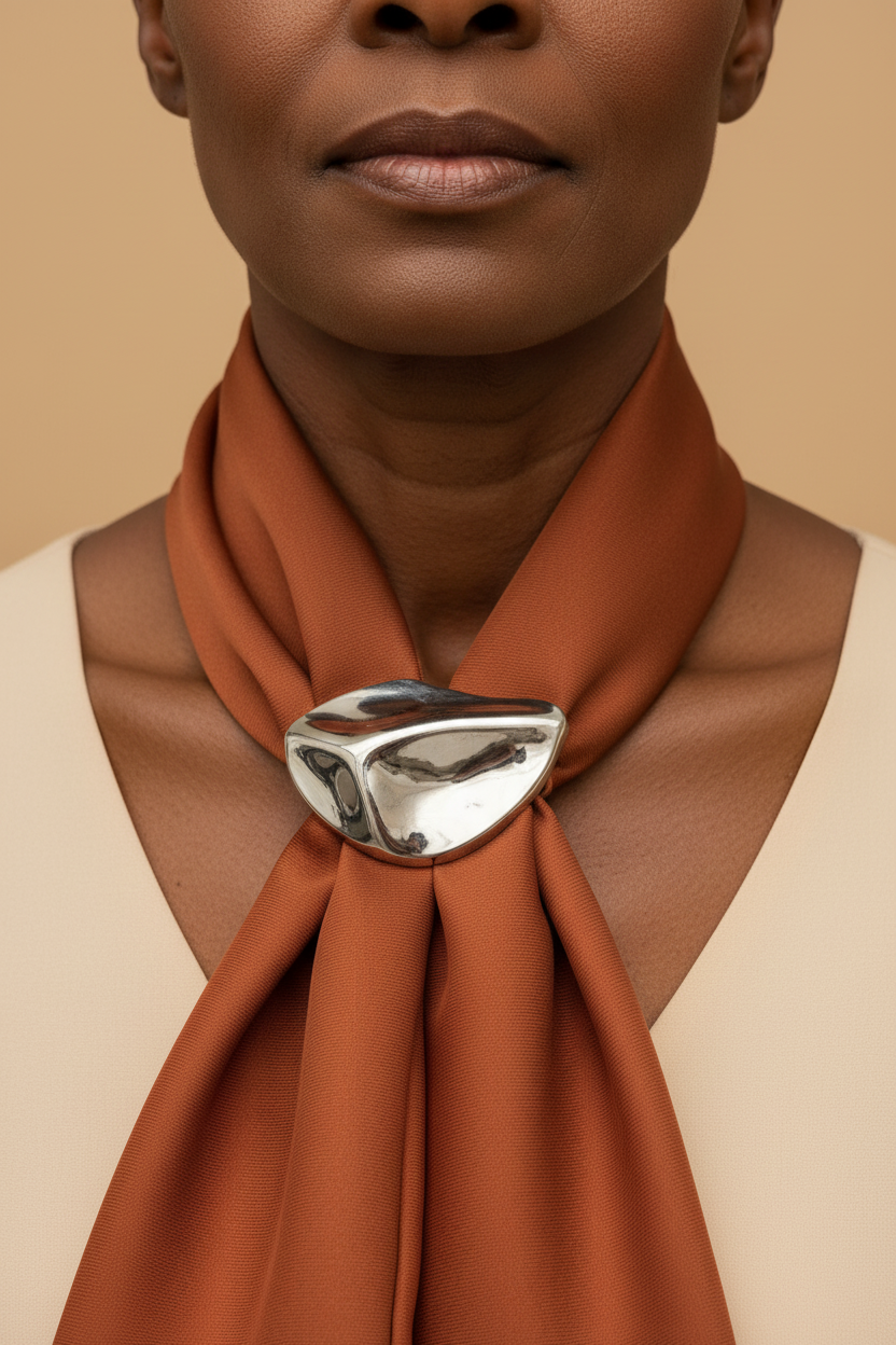 Lenço terracota — modelo madura pele negra, passante nítido