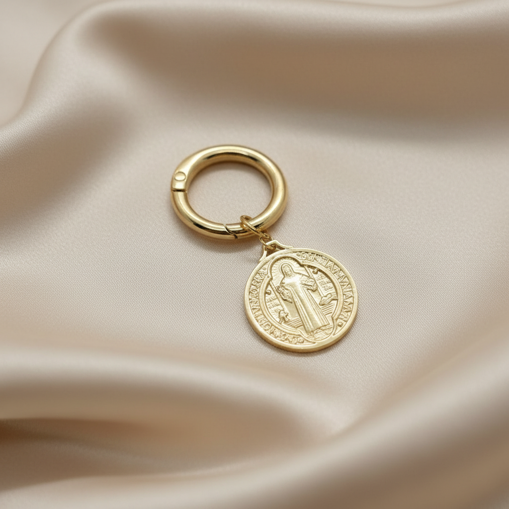 Medalha religiosa dourada em cenário profissional