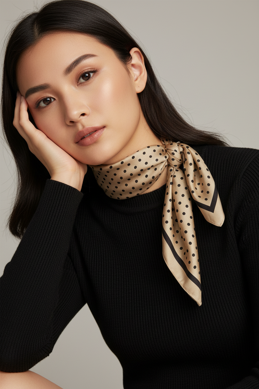 Modelo asiática maquiada com tricô preto e lenço