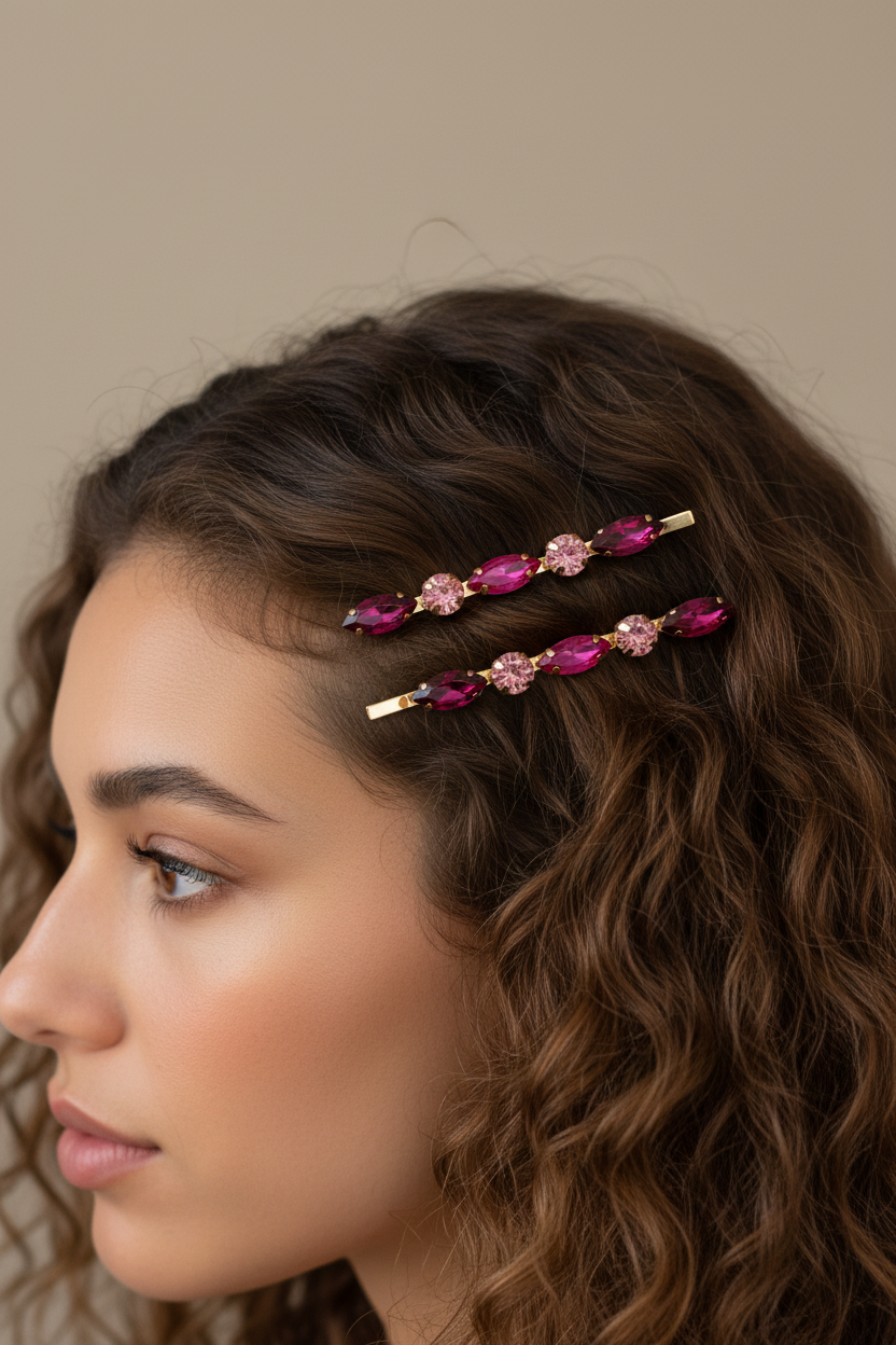 Modelo com cabelo ondulado e presilhas retas