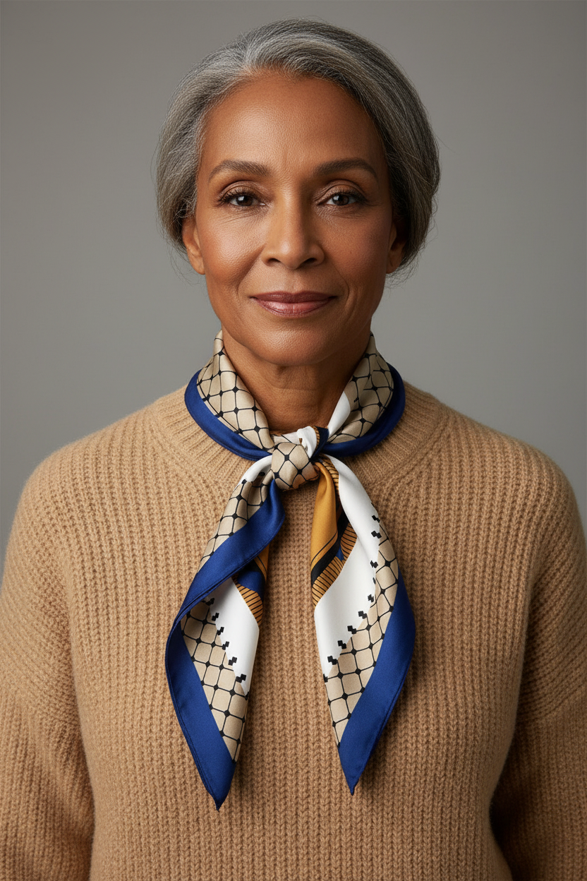 Modelo madura com lenço amarrado corretamente