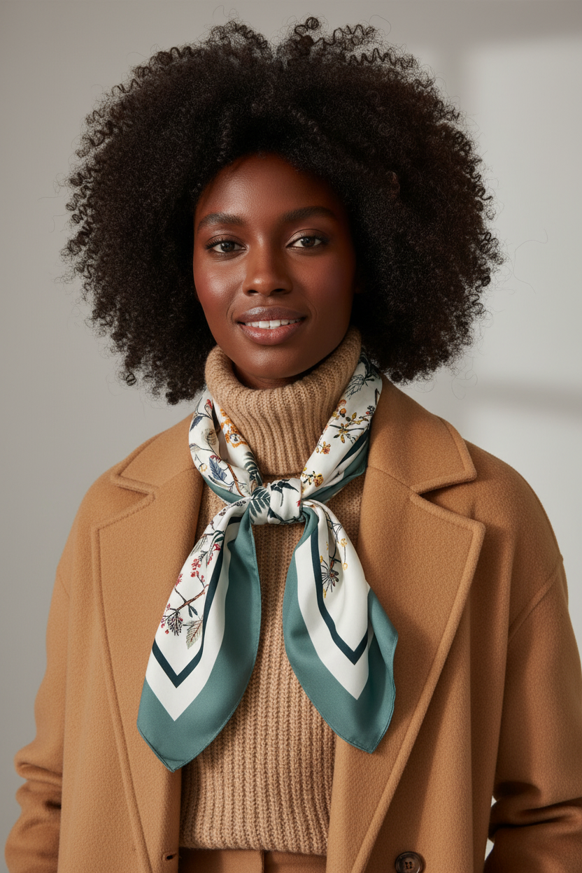 Modelo negra cacheada com lenço outono