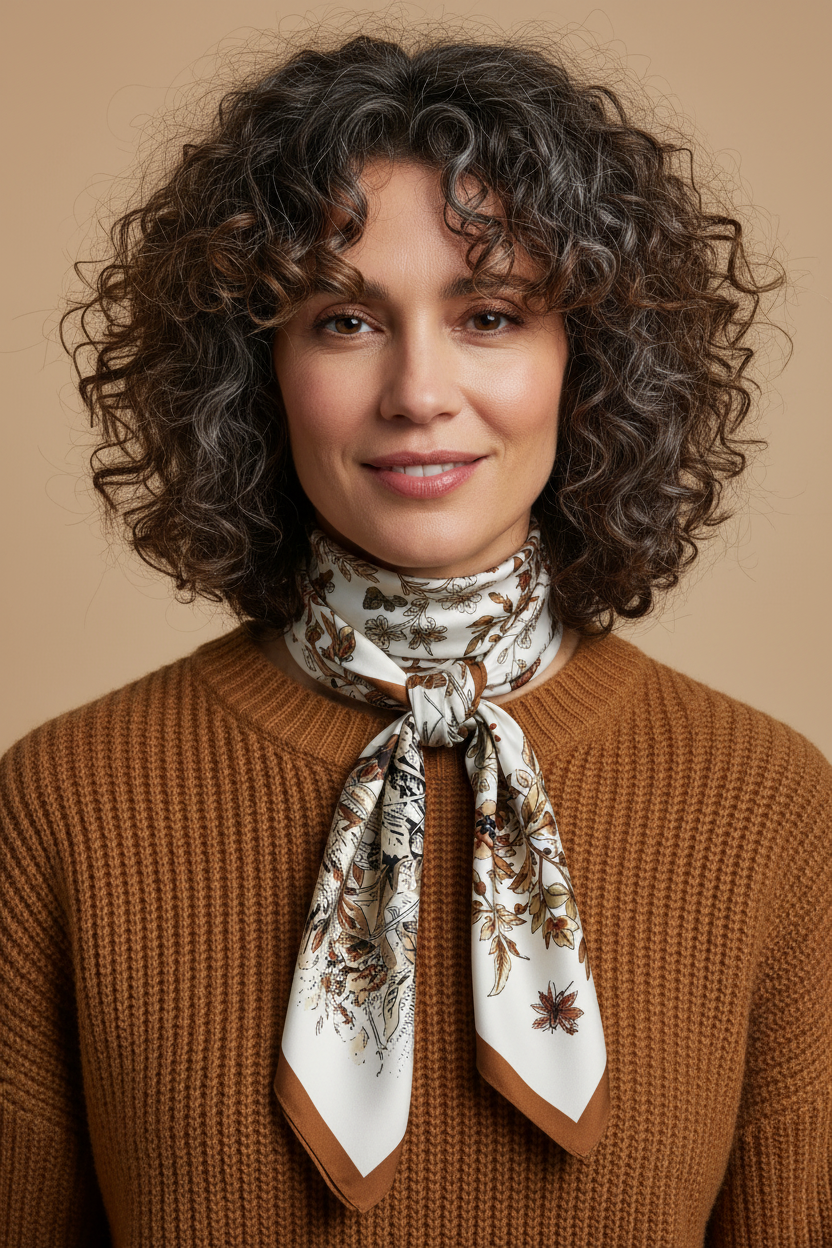 Mulher 40+ cacheada com fios brancos e lenço botânico