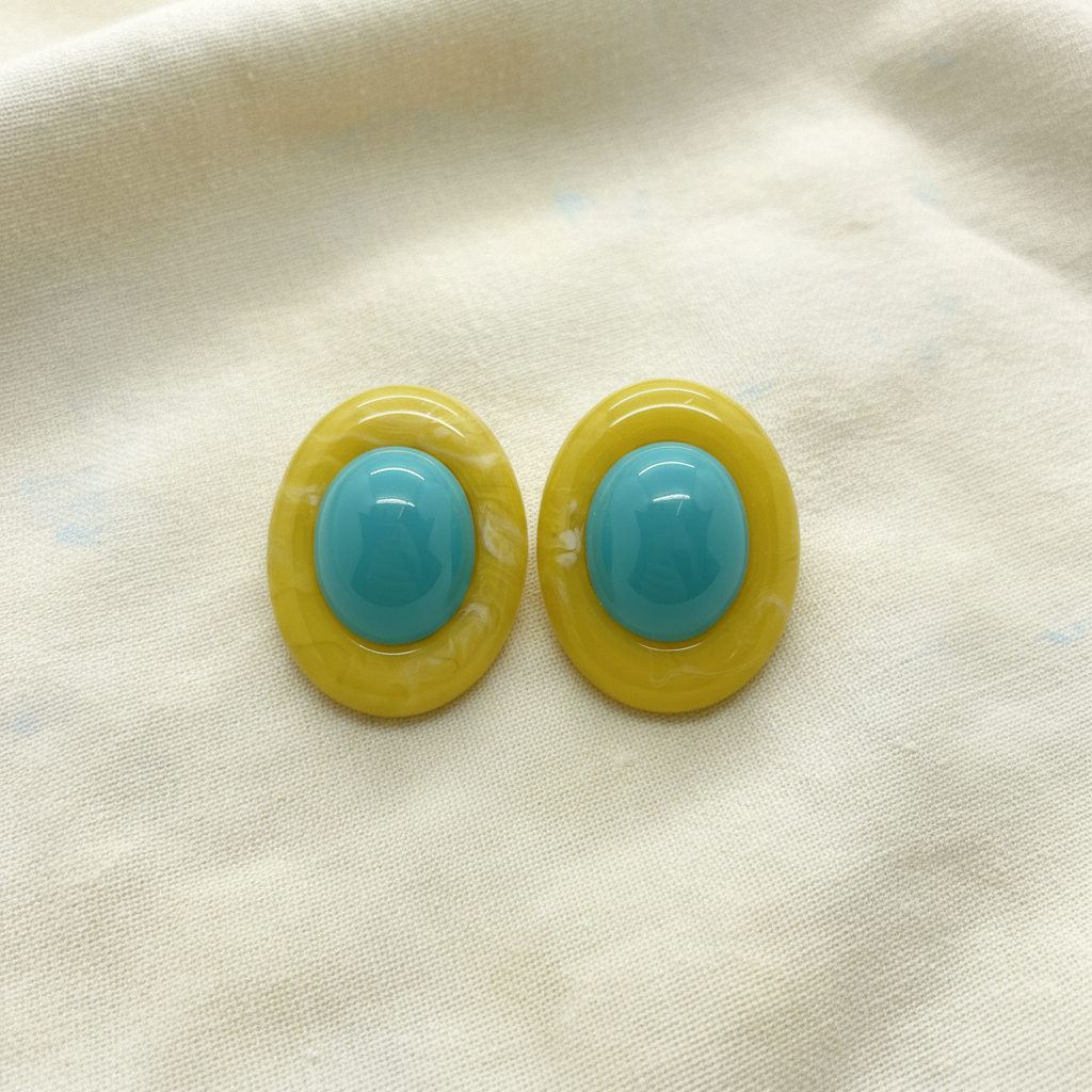 Par de Brincos Halo Oval Amarelo com Azul