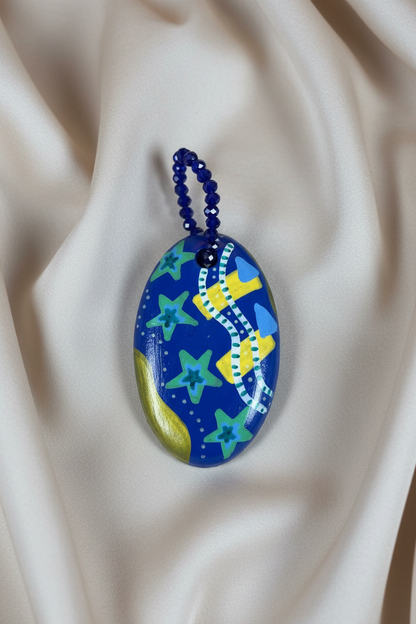 Pingente azul com estrelas verdes em close sobre tecido fluido