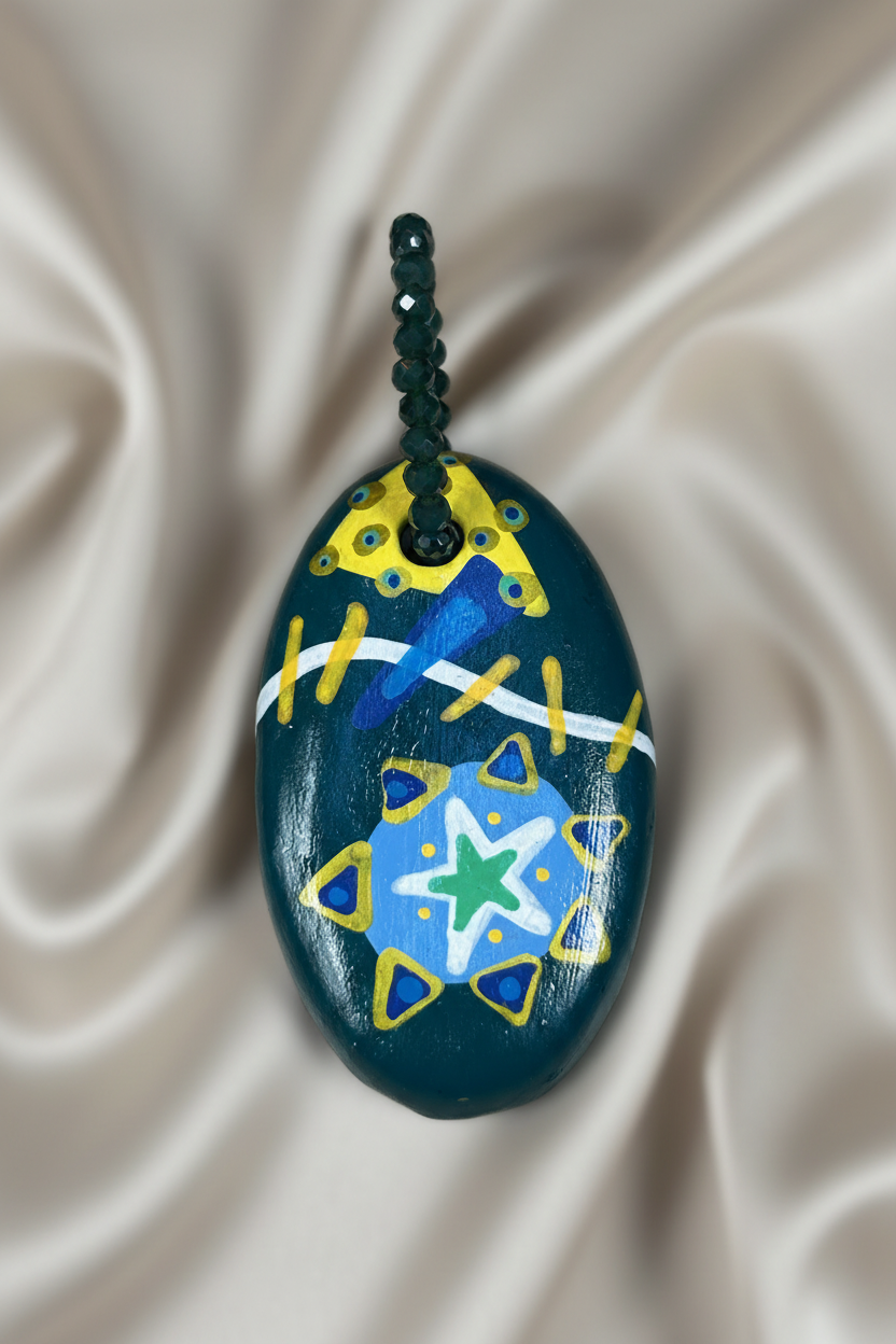 Pingente azul escuro em close com alça correta sobre tecido fluido