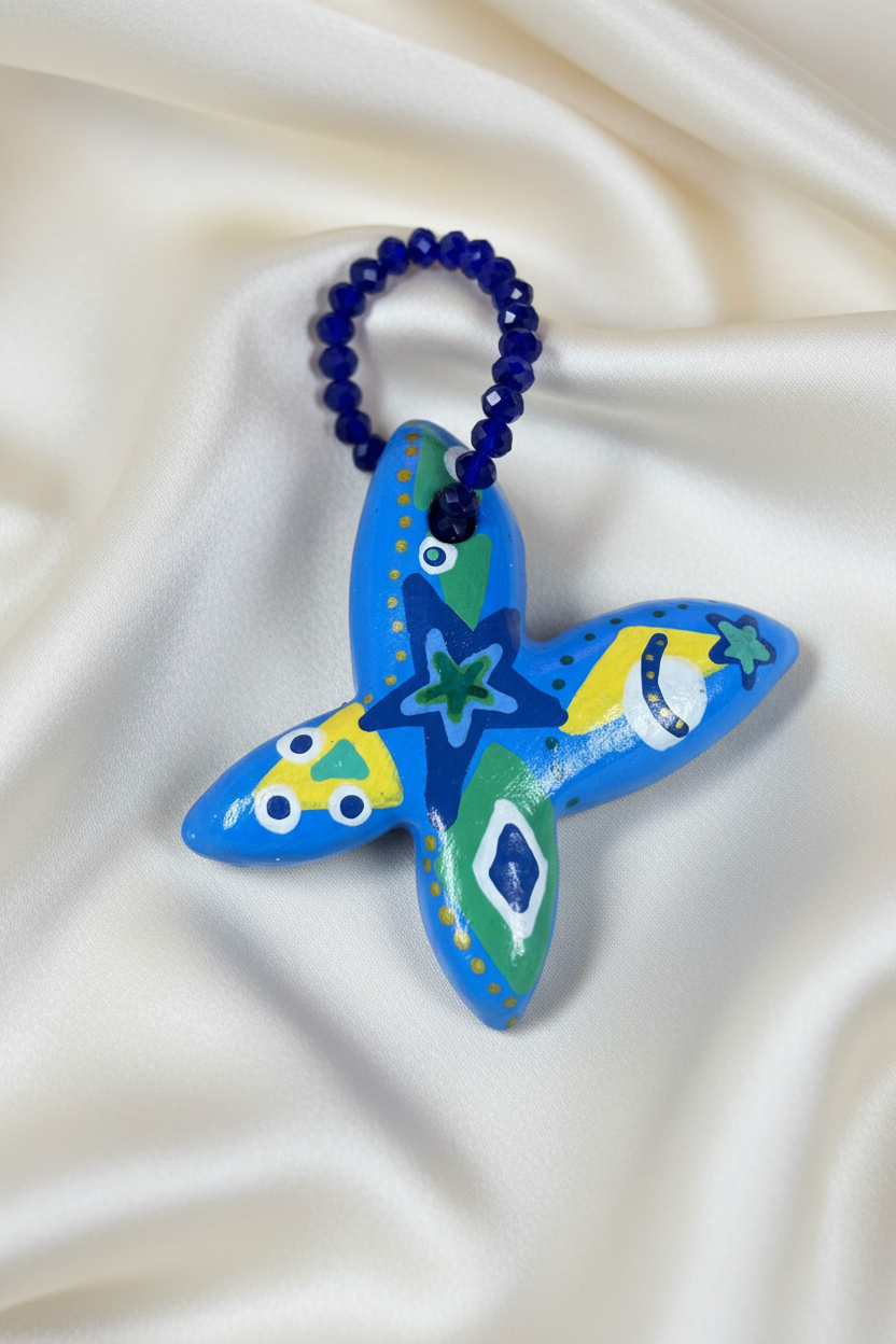 Pingente borboleta com alça correta em close sobre tecido fluido