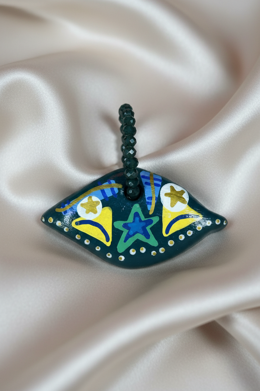 Pingente em formato de diamante em close sobre tecido fluido