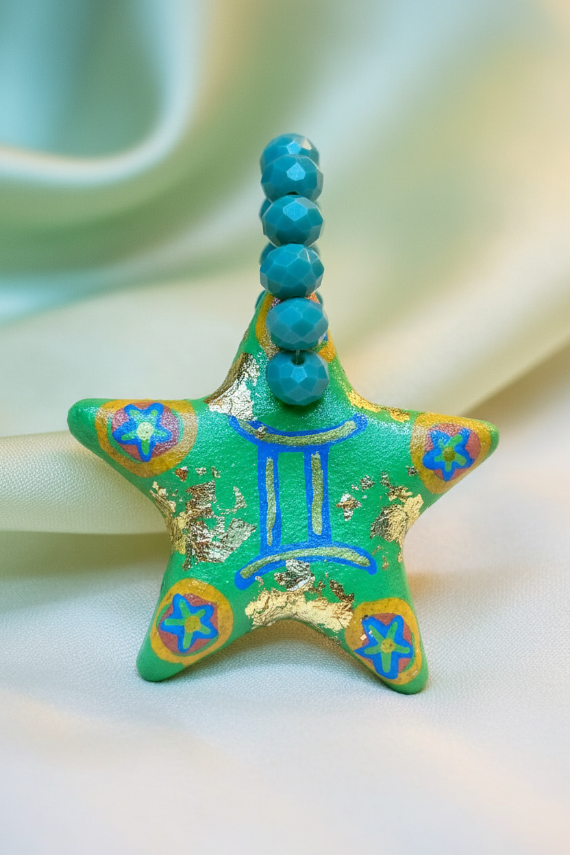 Pingente estrela verde Gêmeos com fundo harmonizado