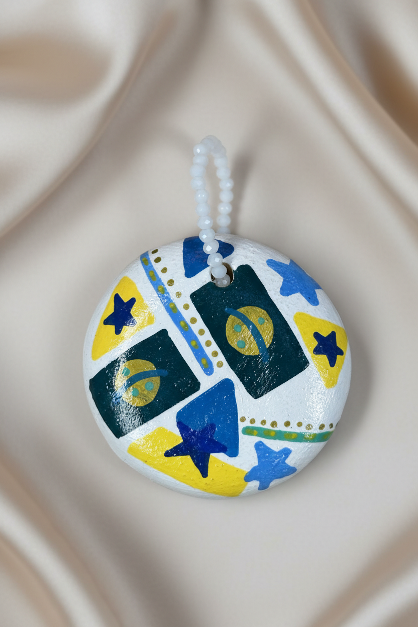 Pingente redondo branco com detalhes coloridos em close sobre tecido fluido