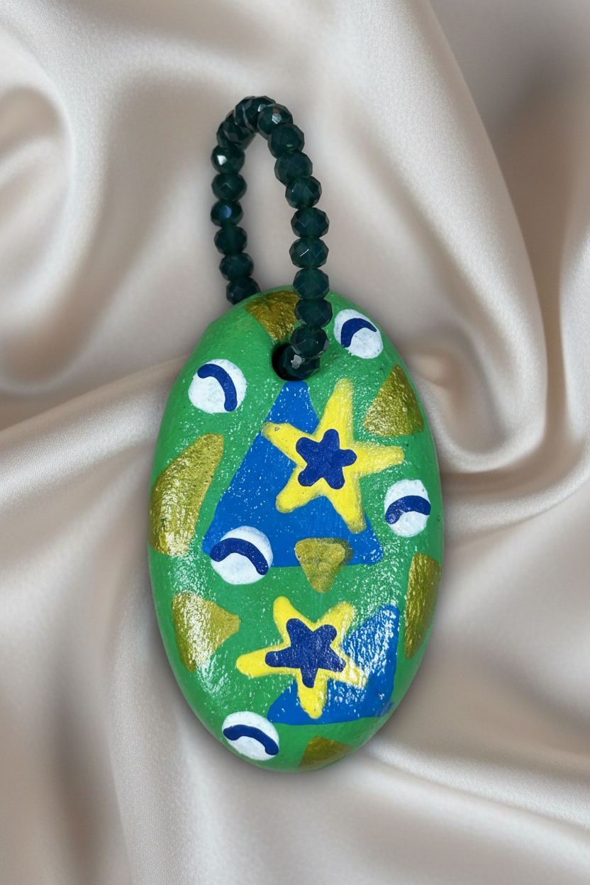 Pingente verde com alça correta em close sobre tecido fluido