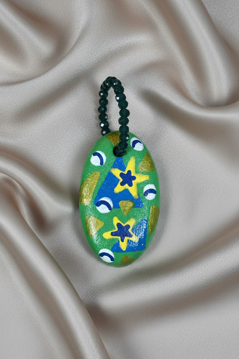 Pingente verde em close sobre tecido fluido