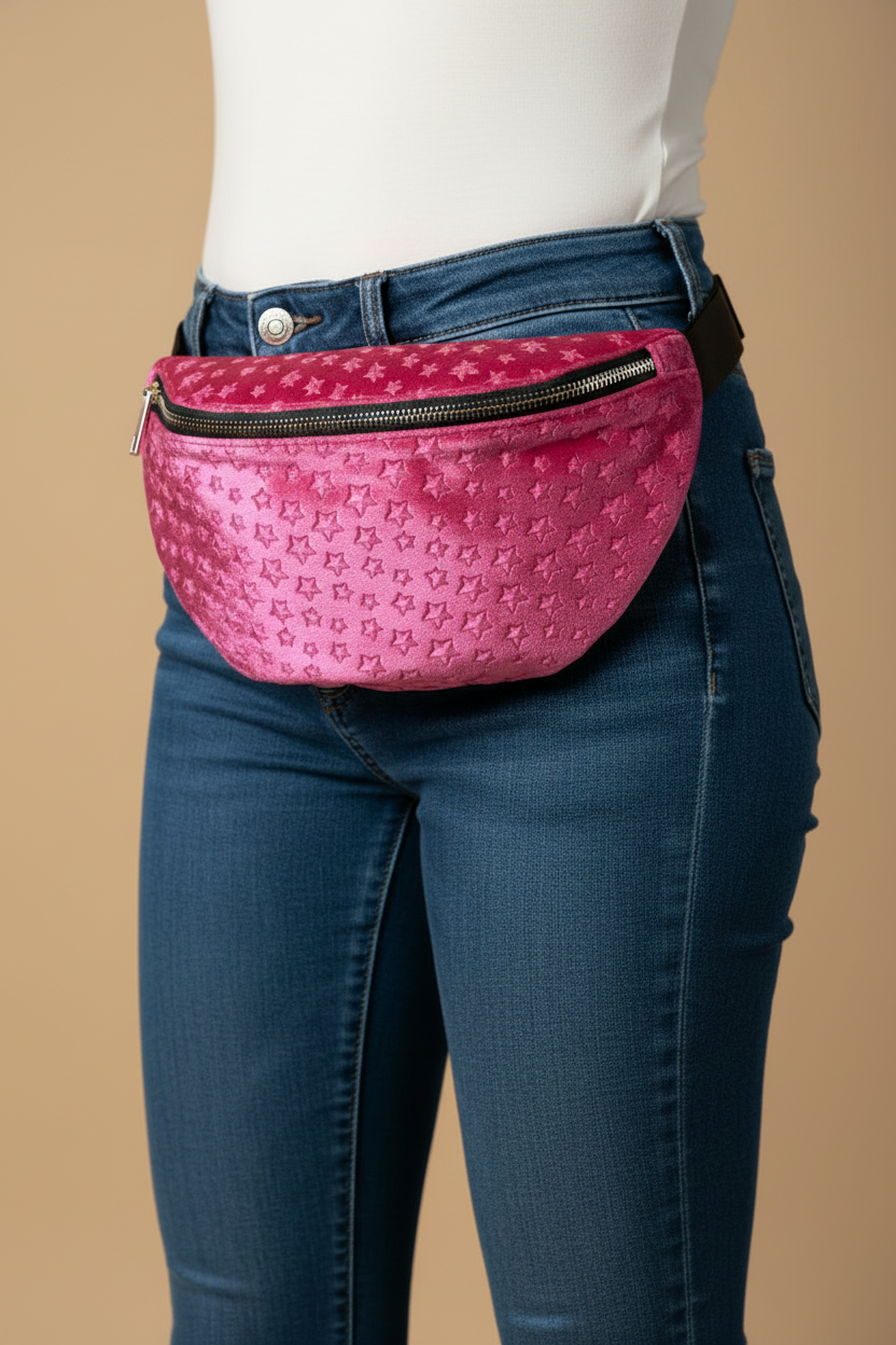 Pochete veludo pink — close extremo cintura