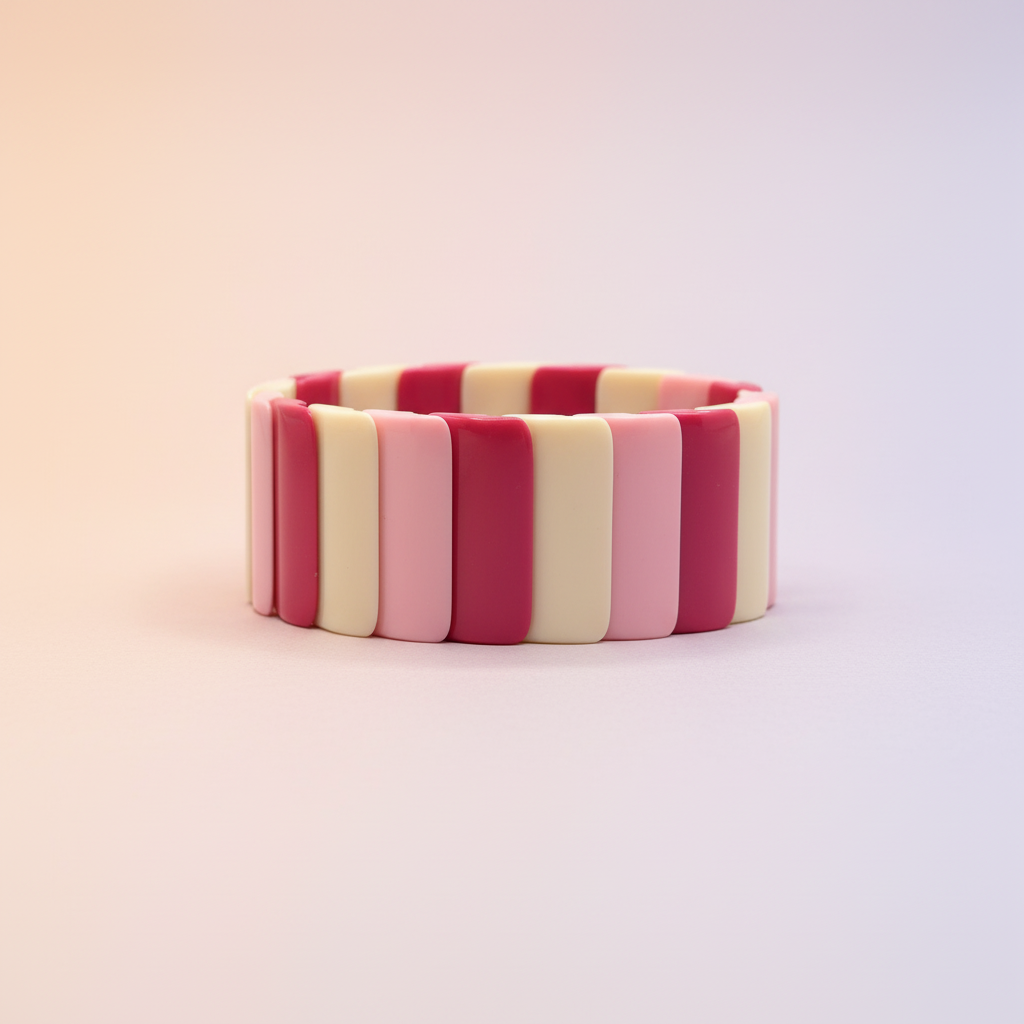 Pulseira de resina rosa e creme alinhada