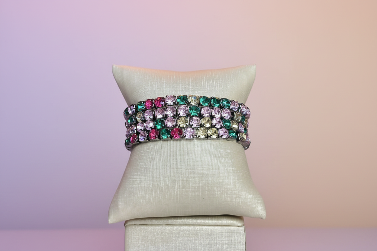 Pulseiras roxo e azul sobre fundo pastel
