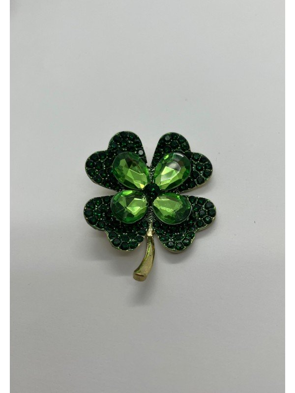 Broche Trevo de Quatro Folhas com Pedrarias Verdes